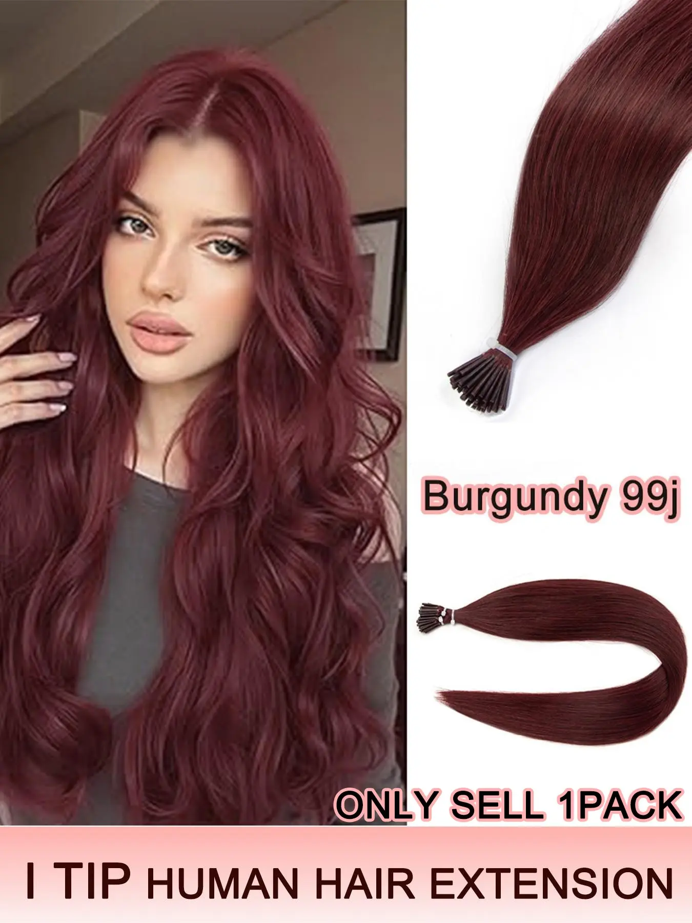 50pcs Pack Burgundy I TIP Human Hair Extensions with Invisible Design, Invisible Connection, Human Hair Pieces, 30g Each, Real Hair Can Be Styled and Dyed, Reusable and Damage-Free