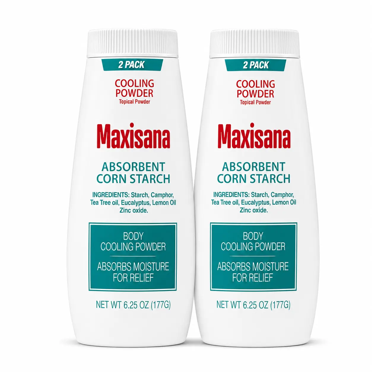 Maxisana Cooling Body Powder with Cornstarch, 6.25 oz — Camphor, Tea Tree, Eucalyptus & Lemon Oil for Lasting Freshness Through Heat & Sweat 2 Pack