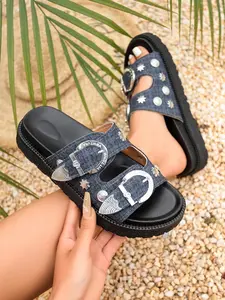 Vintage Rivet Double Strap Thick Sole Rubber Sandals for Women, Punk Style Open-Toe Summer Beach Shoes, Anti-Slip Metal Buckle Decorative Slippers Footwear