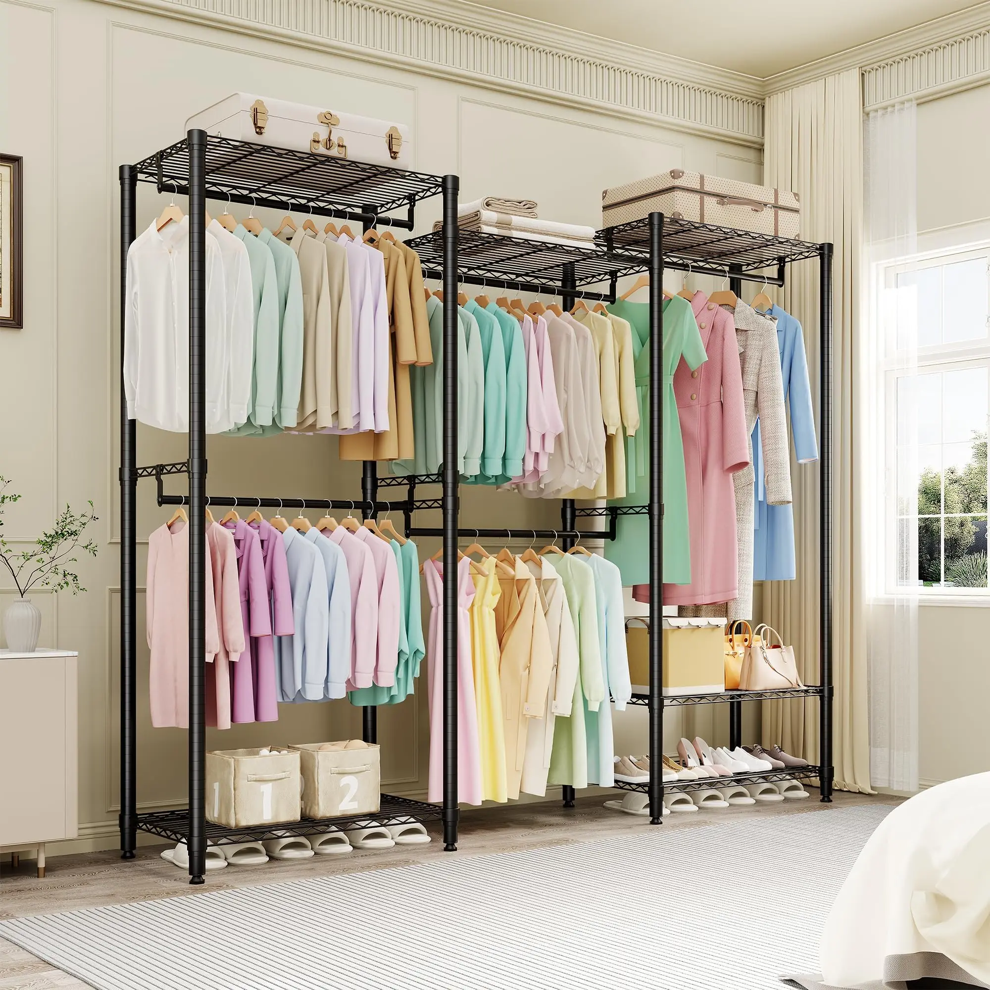 Garvee L-Shaped Carbon Steel Clothes Organiser - Heavy Duty Bedroom Clothing Stand with 8 Wire Shelves, 5 Hanging Rods, Adjustable Closet System, 1874 Lbs Capacity Portable Metal Wardrobe for Laundry Room, Powder Coated