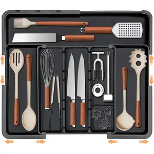 【SUHOPE】【Holiday Deal】Utensil Drawer Organizer Expandable Silverware Organizer for Kitchen Drawer Adjustable Cooking Utensil Holder Cutlery Flatware Tray Spatula Tools Gadgets Storage Dividers Plastic Black