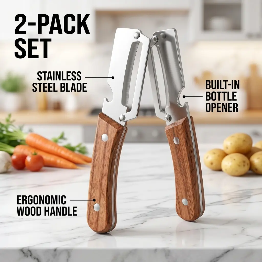 Kitchen Multi-function Stainless Steel Thickened Fruit Peeler Knife,Multifunctional Vegetable Peeler,Vegetable Peele Wood Handle,Multifunctional Peele 2 in 1,for Peeling&Opening Bottles (2pcs and 4pcs),