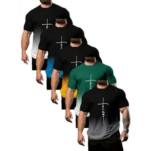 5 Letter Gradient Crew Collar Short Sleeve 3D Digital Printed Sport T-Shirt - Casual Summer Wear, Everyday Essentials And Resort Wear, Comfortable Fabric And Relaxed Fit