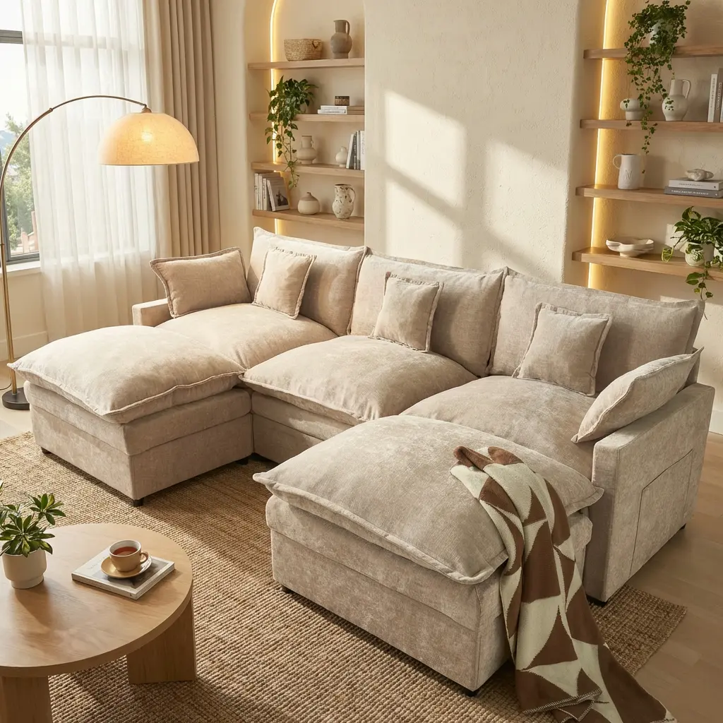 CAODOC 108” U-Shaped Modular Sectional Sofa with 2 Movable Ottomans, Comfy Cloud 3-Seater Deep-Seat Chenille Couch, Furniture for Room, Breathable Fabric, Thick Cushions, Solid Wood Frame, Storage Pockets, Pet-Friendly, Multi-Package Shipping
