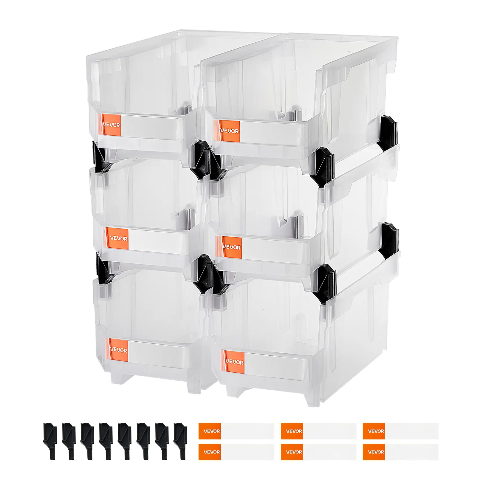 VEVOR 6-Pack Durable Rectangle Transparent Plastic Stackable Storage Boxes & Bins Set, 14.8x8.5x7.1in Home Organizer for Garage Organization, Closet Storage, Kitchen Pantry (Ideal for Small Parts)