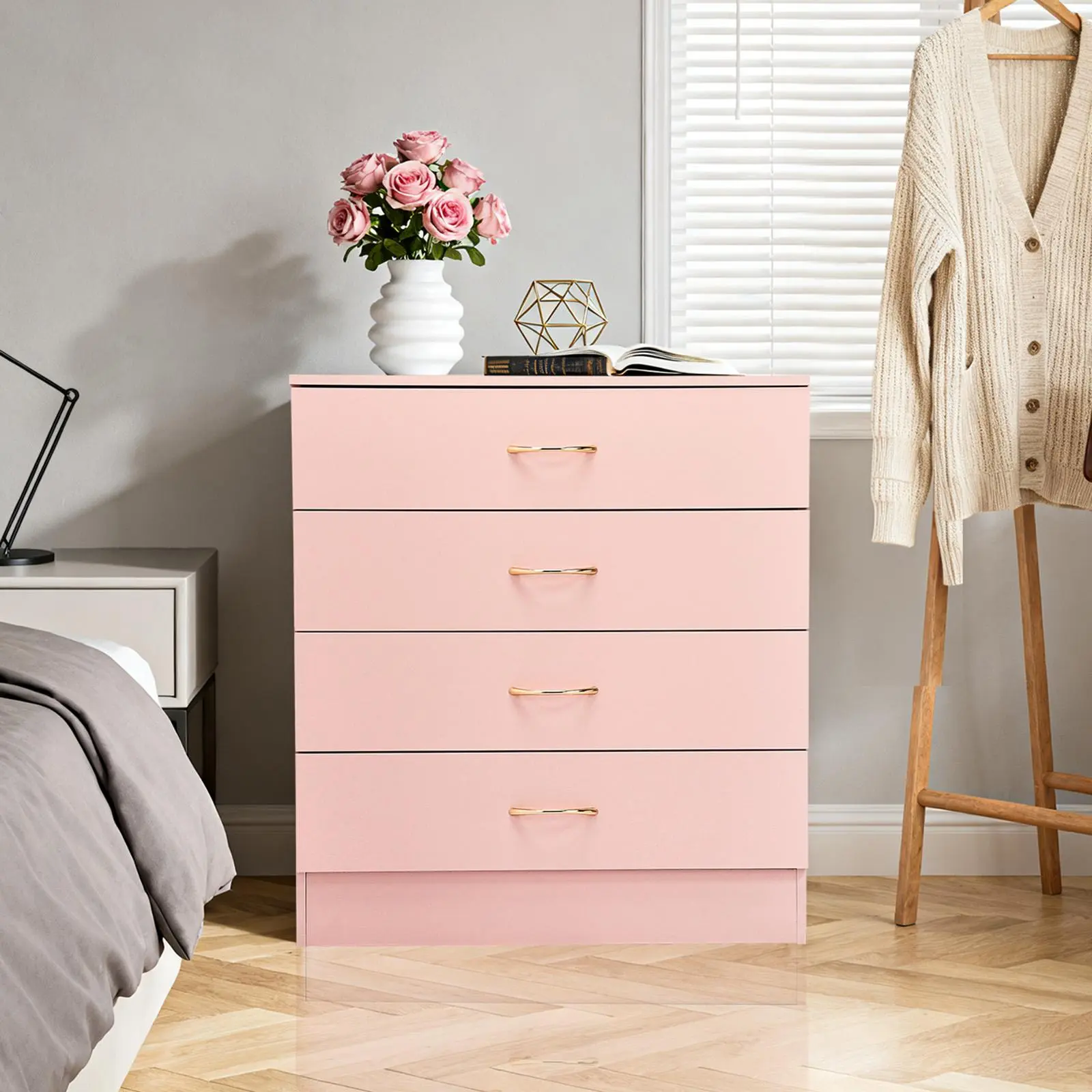 Modern 4-Drawer Vertical Pink Dresser - Freestanding Single Unit Bedroom Cabinet with Faux Rose Gold Handles, Deep Drawers, Heavy-Duty Metal Slides, Large Capacity for Clothes & Daily Supplies, Requires Assembly