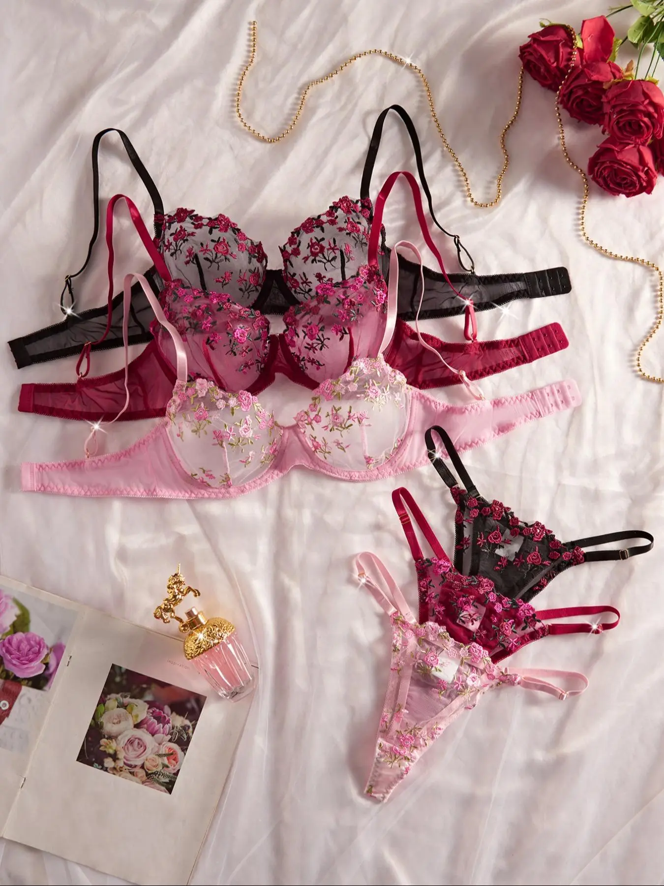 Women's Floral Embroidery Sheer Bra & Thong Set, Sexy Adjustable Strap Backless Bra & Panty Set, Lingerie Set for Women, Underwear Sets