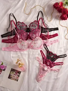 Women's Floral Embroidery Sheer Bra & Thong Set, Sexy Elegant Adjustable Strap Backless Bra & Panty Set, Lingerie Set for Women