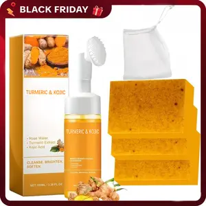 [TURMERIC&KOJIC]Turmeric Wash and Care tow Piece Set, Tuemeric Facial Cleanser & Turmeric Soap Combo, Turmeric Cleansing Mousse, Face Wash and Soap Bundle for Face & Body Deep Cleansing (1pc Turmeric Wash+3pc Soaps)