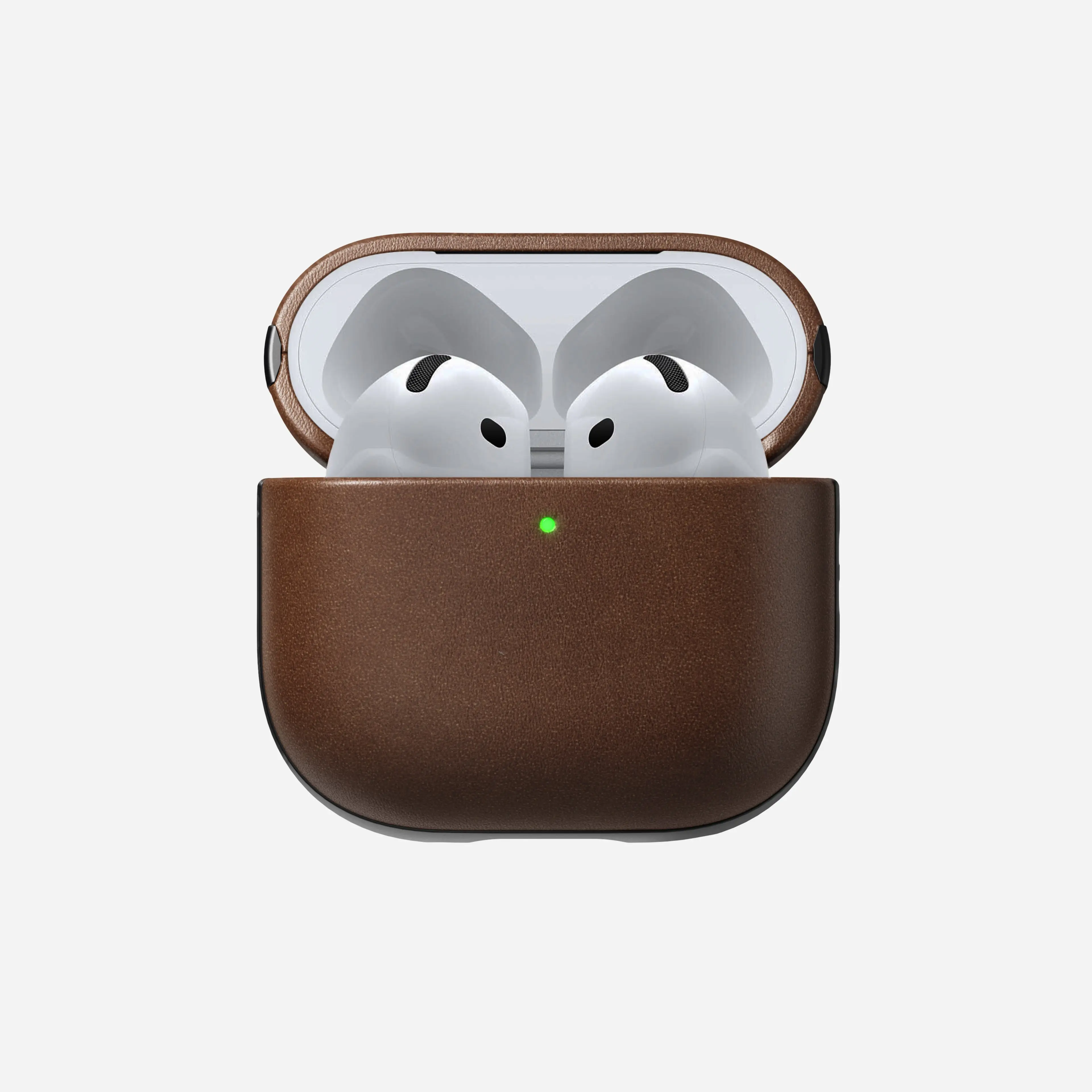NOMAD Sustainable Modern Camino Leather Case for AirPods 4 - Brown, with Lanyard, Microfiber Lining, LED Light Pipe, LED Charge Glow, Protective Charging Port, Premium Audio Headphone Protection