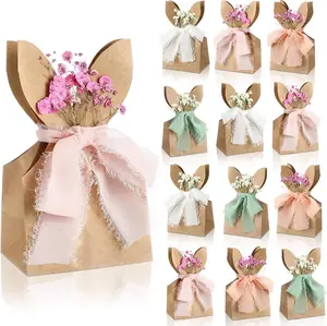 24/48 Pcs Boho Bow Easter Goodie Bags Bunny Paper Bags DIY Bunny Gift Boxes with Neutral Bow Ribbon Artificial Flower Rabbit Ear Treat Bags for Student Teacher Office Employee Coworker,School Classroom Table Decorations,Spring Birthday Wedding Party Favor