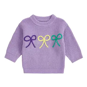 Canrulo Infant Newborn Baby Girl Cute Long Sleeve Bow Embroidery Chunky Knitted Sweater Toddler Mardi Gras Outfit