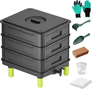 3-Layer 50L Worm Compost Bin, Worm Farm Starter Kit for Indoor & Outdoor Vermicomposting, Garden Composting Bin for Recycling Food Waste (Black)