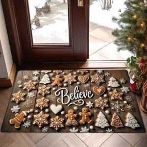 Christmas Gingerbread Print Flannel Doormat, 0.47inch Thick Non-Slip, Machine Washable, Polyester, Festive Holiday Door Mat for Entryway, Living Room, Bedroom, Kitchen, Laundry, Rectangular, Low Pile, Indoor Use