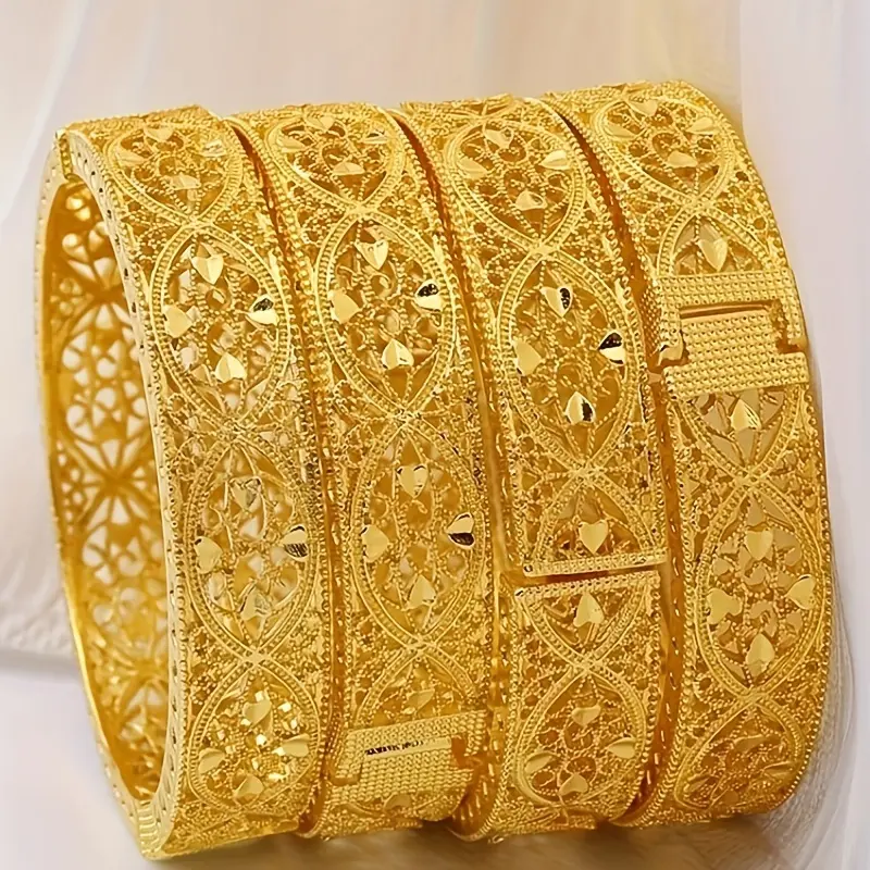 4-Piece Gold Bangle Set for Women, Elegant Gold-Plated Bracelets with Hollow & Heart Charm Designs, Modern Wedding Jewelry and Valentines Day Gift, Elegant Bangle