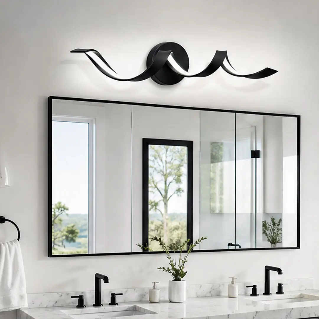 ARCH Modern LED Bathroom Vanity Light Fixture - 24-Inch Dimmable Black Metal Wall Sconce, Spiral Acrylic Shade, 15W Hardwired Interior LED Lights, Fog-Proof Moisture-Proof Ambient Home Lighting for Bathroom, Easy Install, Over Mirror