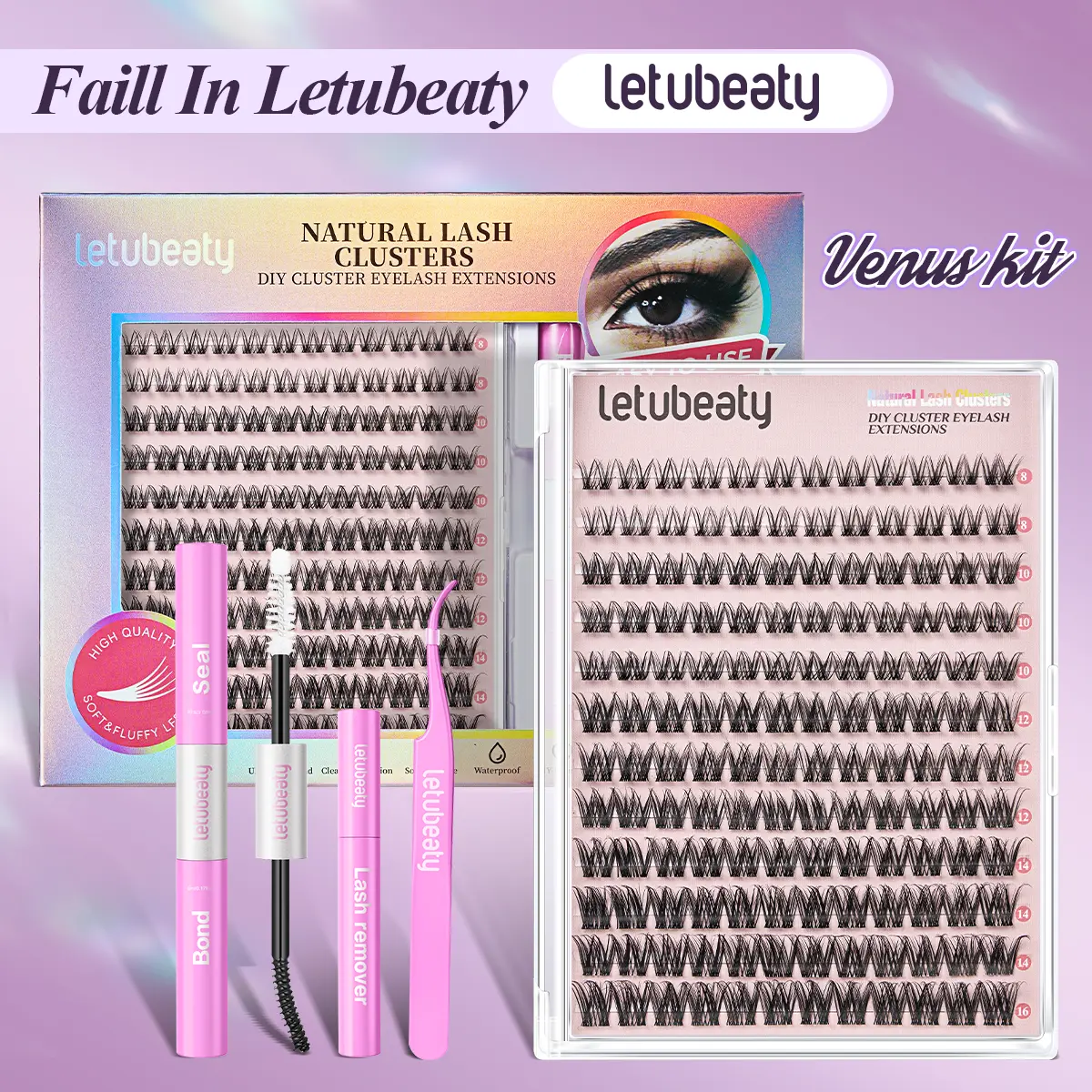 DIY Fluffy Lash Cluster Kit for Dramatic, Soft B-Curl Lash Extensions, Complete Set for Beginners with Gentle Black Glue, Remover, and Tweezer for Easy At-Home Application, Beauty Products, Fluffy Lash Clusters