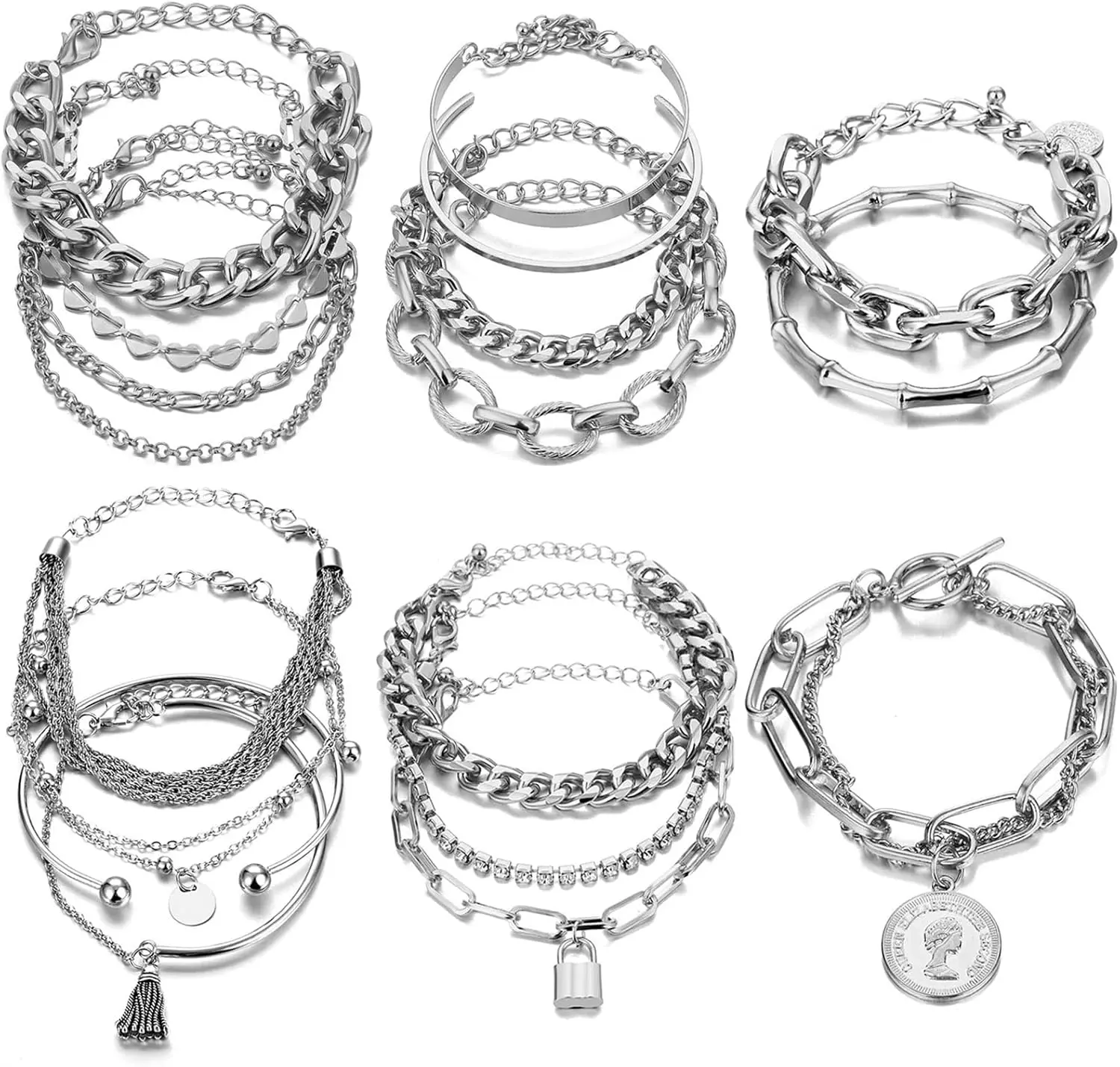 Women's Boho Style Bracelet Combination Set - 6-Pack Bundle with 18-25 Stackable, Chunky Cuffs, Dainty, Adjustable Chain, Flat Cuff, Cuban Punk Charm Bangles, Alloy Plated, Gift-Ready Bag, Stacking Sets, Bracelets, Bracelet Stacks