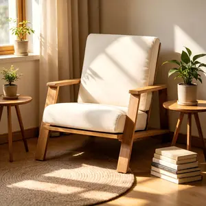 Paloma Acacia Wood Outdoor Club Chair, Weather-Resistant Adirondack Style Patio Chair with Beige Cushions, 400 lbs Capacity, Modern Outdoor Lounge Furniture for Garden, Balcony, Deck