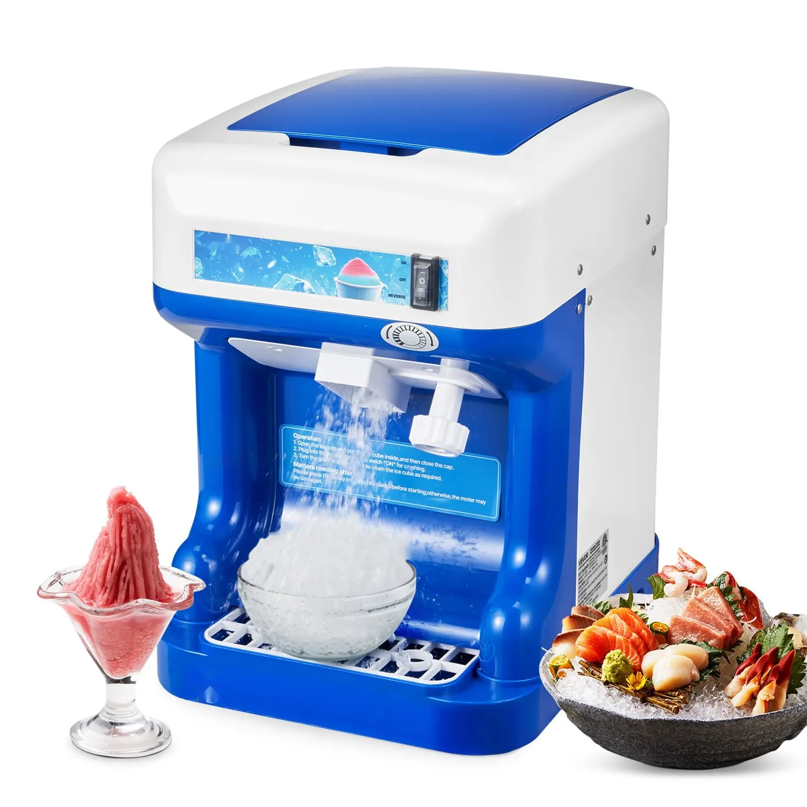 Commercial Electric Ice Shaver and Snow Cone Maker with 286 LBS/H Output, Durable Ice Crusher Machine for Snow Cones, Beverages, and Cocktails, Stainless Steel Construction, Easy to Clean, Blue