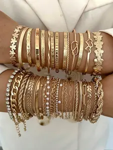Women's Elegant Geometric Bow Simulated Pearl Crystal Heart Floral Cross Woven Snake Bone Cuban Link Smooth Plain Bracelets Set Bangles Bracelets