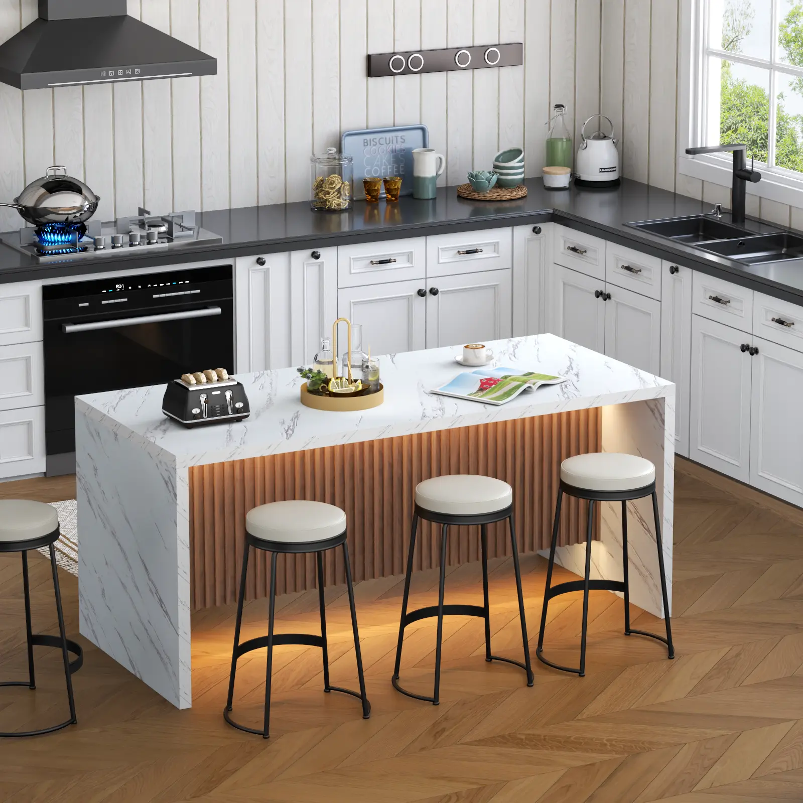 Gyfimoie 71" Large Imitation Marble Dining Table for 6-8 People, Island Table with LED Lights, Mordern Marble Stripes Kitchen Dining Table with Grille design