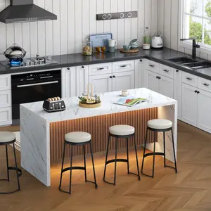 71" Large Imitation Marble Dining Table for 6-8 People, Island Table with LED Lights, Mordern Marble Stripes Kitchen Dining Table with Grille design