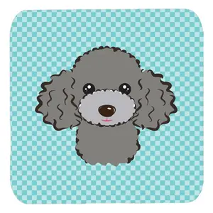 Carolines Treasures  3.5 x 3.5 In. Checkerboard Blue Silver Gray Poodle Foam Coasters- Set Of 4