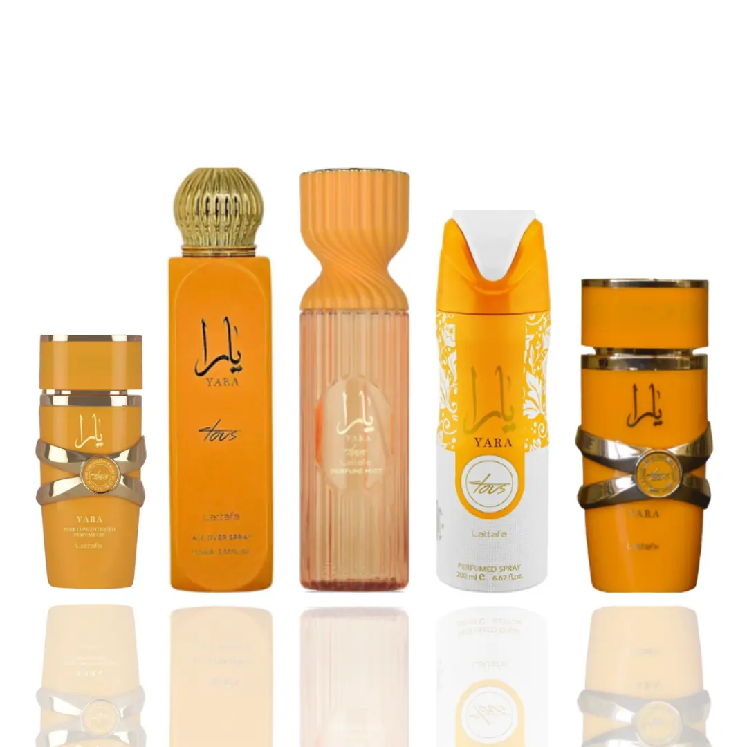 Lattafa YARA TOUS Unisex 5-Piece Fragrance Bundle - 20ML Eau de Parfum, All Over Spray, Hair Mist, Deodorant, 360° Aroma, Premium Refined Scents, High Quality Portable Perfume Sprays, Layered Seamless Blend, Long-Lasting Scent (Body & Hair Use)