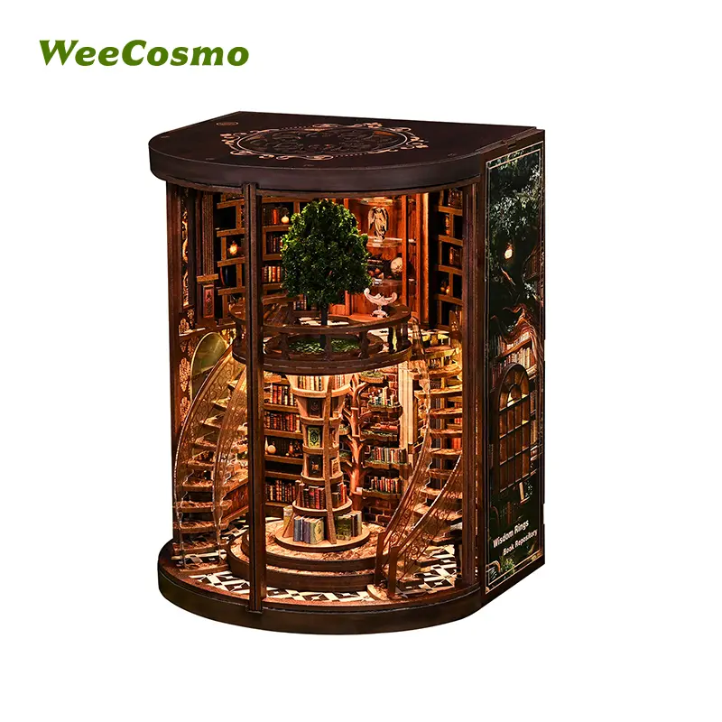 Wisdom Tree Wooden Nook Home DIY Model Kit - Hardwood Slats 3D Puzzle Vintage Hut, Handmade Crafts Renaissance Wood Projects, 16 Tiny Volumes, Acrylic Dust Cover, Beginner-Friendly Cozy Hobby for Book Lovers, Wooden Shelf Decoration