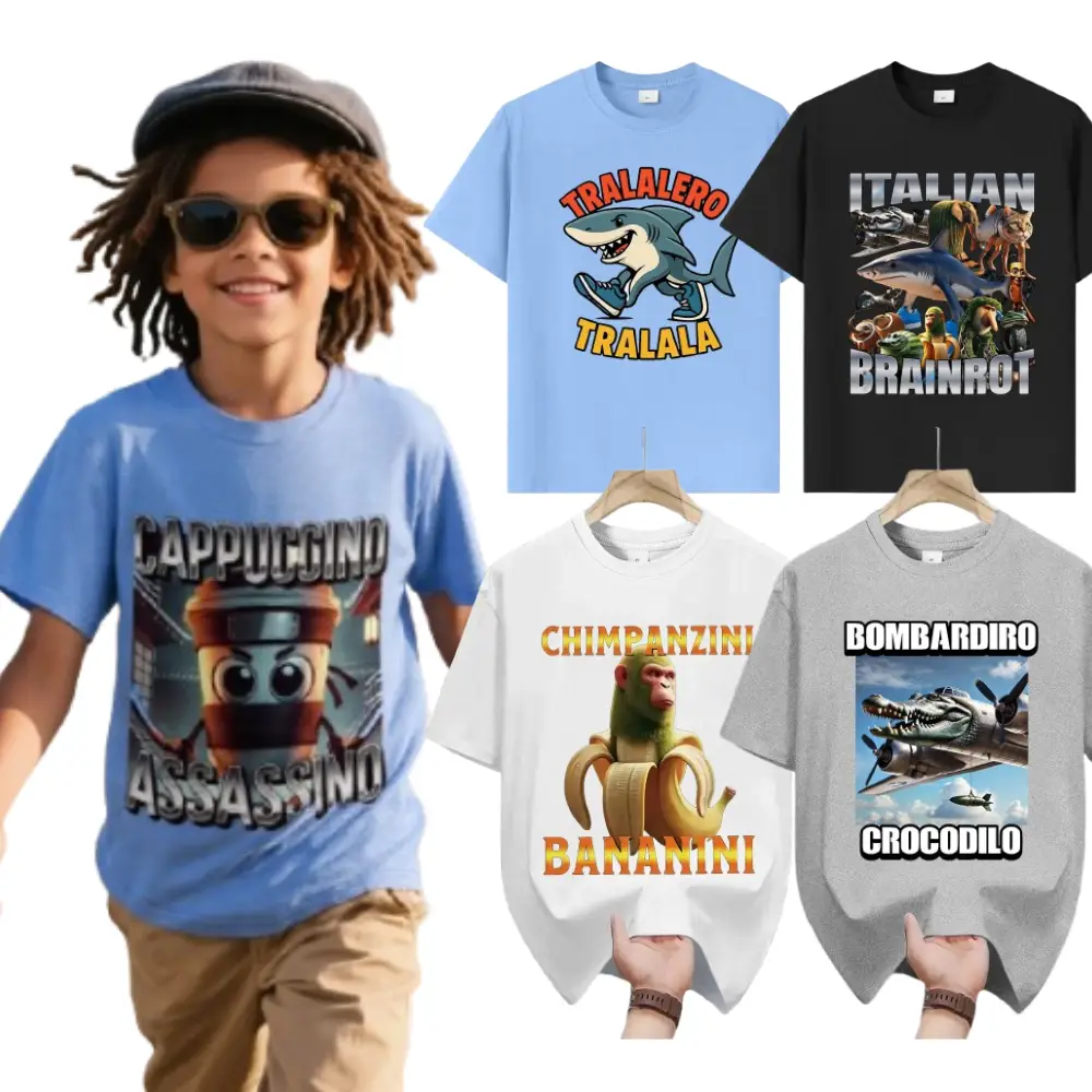 Italian Brainrot Gen Z Humor Meme Kids Tung Tung Tung Sahur Tralalero Tralala Teen Boys Girls T-Shirt Cappuccino Assassino Graphic Tee for Everyday We