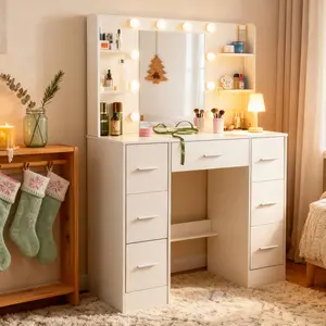 XXL White Makeup Vanity Set with LED lights mirror, 7 Drawers & 6 Shelves, Spacious Tabletop, Adjustable Lighting, Elegant Design for Bedroom & Dressing Room