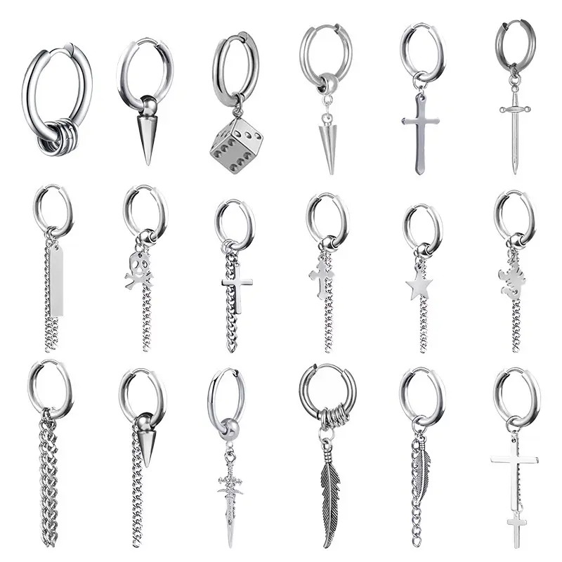 Stainless Steel Punk Dangle Hoop Earrings – Unisex Huggie Hoops with Cross, Sword, Feather & Chain Charms