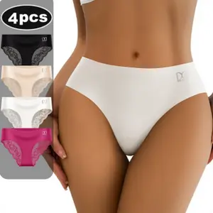 QUASTI 4-Pack Elegant Lace Mid-Waisted Panties Breathable Fabric Silky Smooth Comfortable Seamless Underpants Invisible Lightweight Underwear Sexy and Elegant Style - Confident Womenswear S-XXL