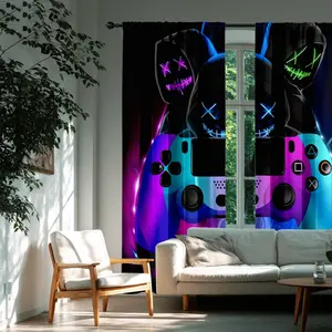 2pcs Gaming Neon Curtain Set, Dark Game Controller Print, Boys' Room Decor, High-Quality Polyester, Privacy & Light Control, Home Decoration, Window Curtain