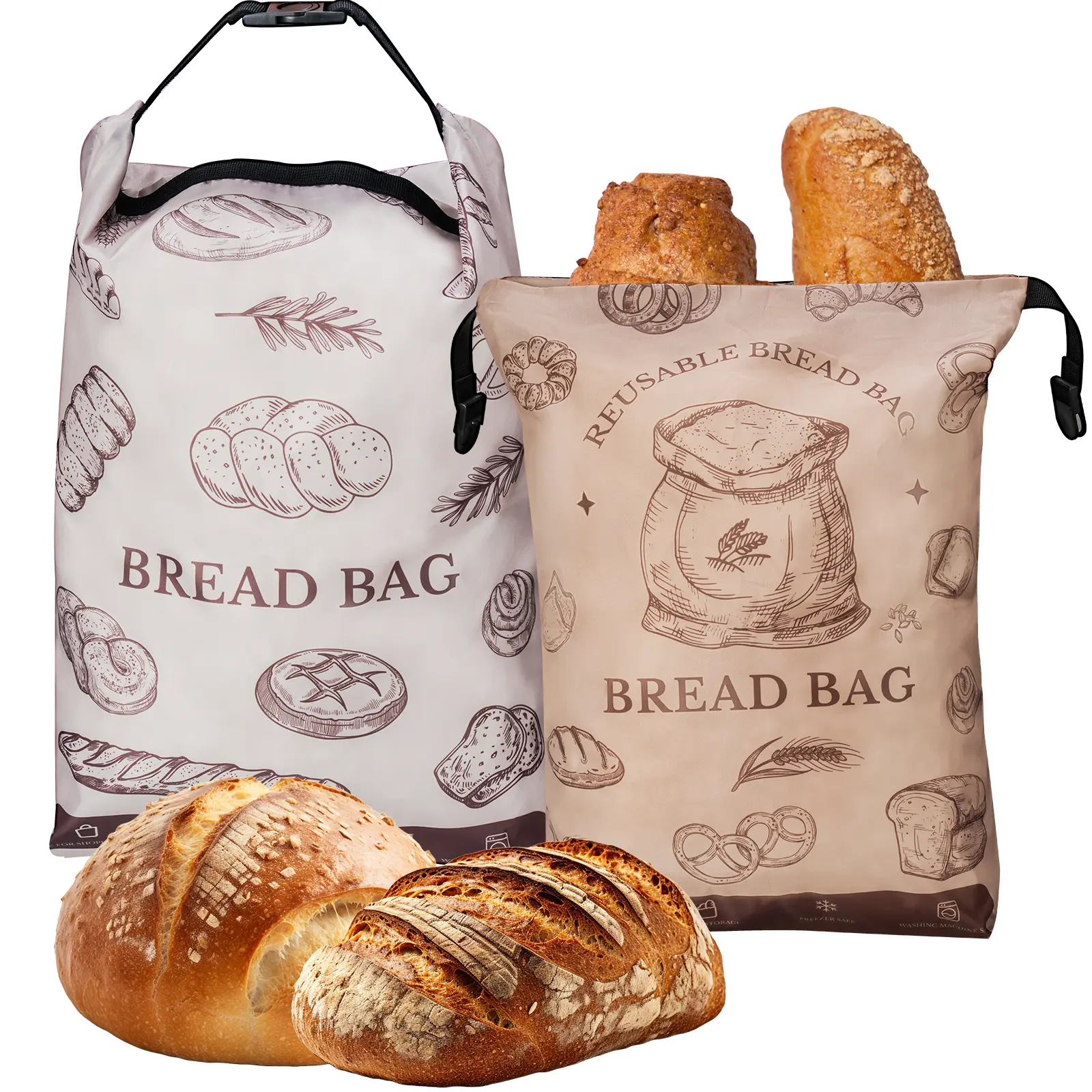 NiHome 2PCS Eco-Friendly Reusable Bread Sealing Storage Bag Set - Zipper Sealer Bags with Double Protection, Freezer-Safe, Waterproof PEVA Liner, 17"x12" Kitchen Preserving Organiser for Sourdough, Sealing Storage Bags