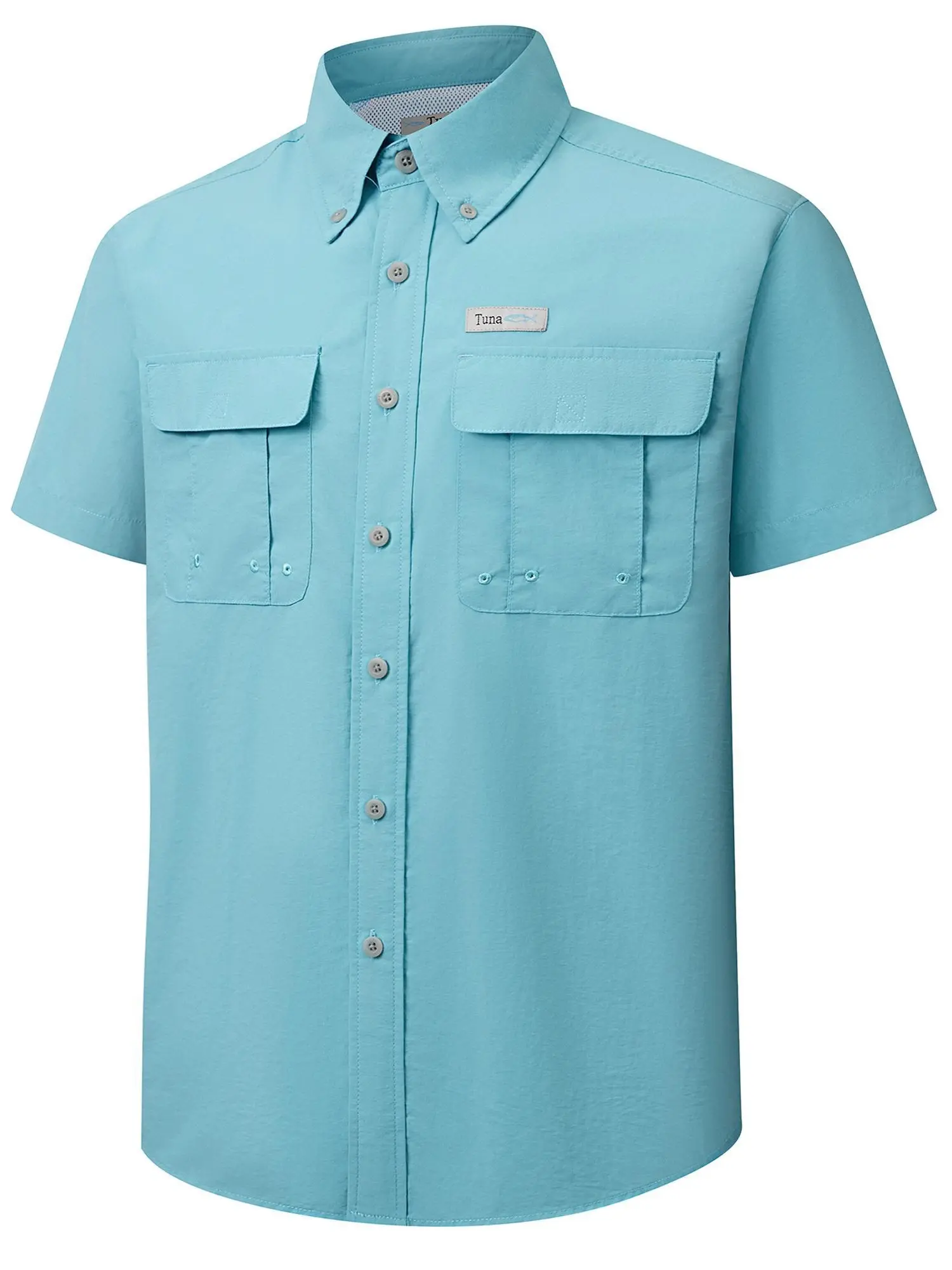 Men's Tuna Print Short-Sleeve Casual Shirt - UPF 50+ Sun Protection, Quick Dry, Breathable, Lightweight Nylon Mesh-Lined Fabric, Loose Fit, Pockets, Outdoor Working Top for Fishing, Hiking