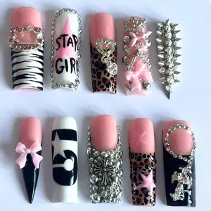 Y2K Pink Bling Press On Nails Leopard Zebra 3D Charm