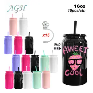 AGH [New Arrived] 15/16pcs 16 oz Sublimation Thermal Cans with Lid & Straw Stainless Steel Vacuum Insulated Rainbow Tumblers Cups Water Bottles Drinkware
