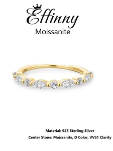 Effinny Certified Synthetic Moissanite 925 Sterling Silver 0.55ct Marquise Cut & Round Cut Non-resistance Half Eternity 14K Gold Plated Wedding Band, Fashion Design Stackable Band for Women, Adults, Female