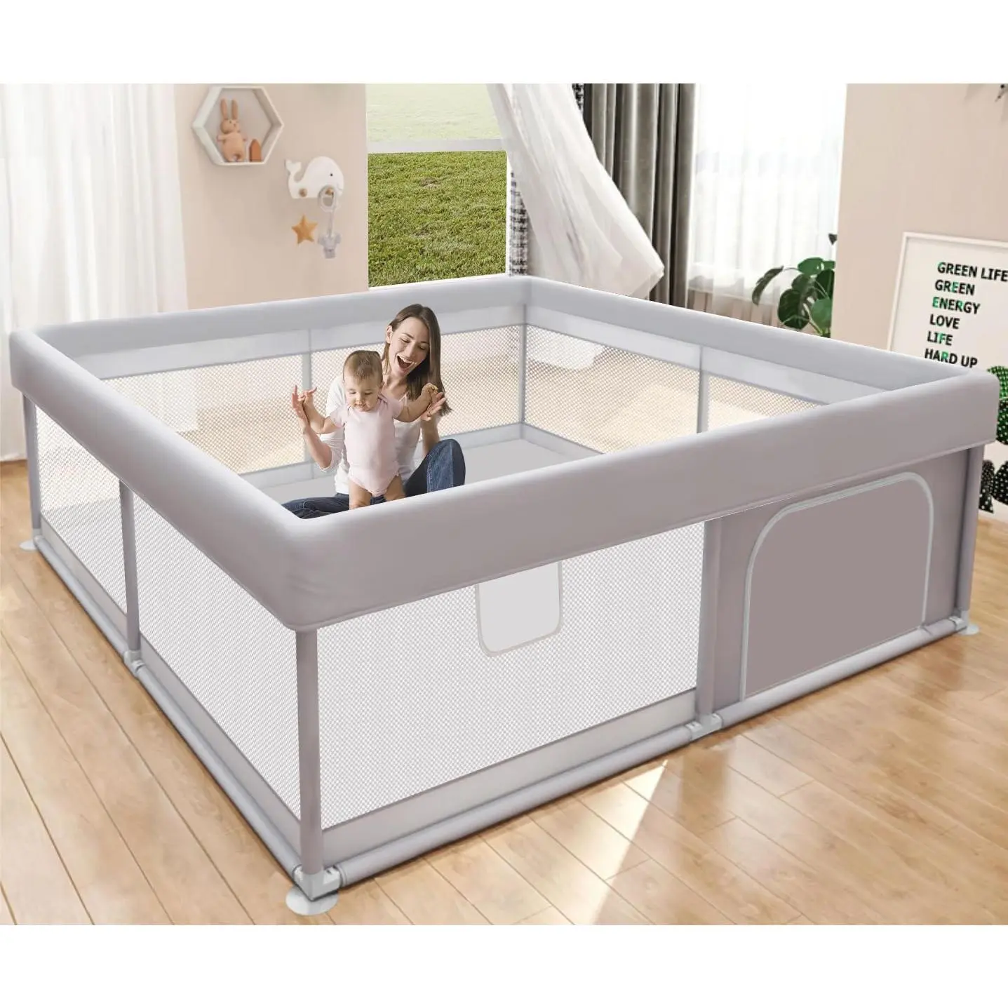 Baby Playpen 50x50inch for Infants Toddlers Indoor Outdoor Breathable Mesh Anti-Fall Safety Pen