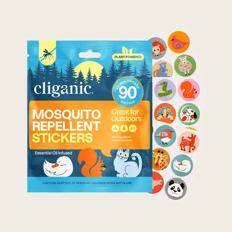 Cliganic Mosquito Repellent Patches - for Kids & Adults Shaped Badges with Essential Oils, DEET-Free & Natural Bug Protection for Travel, Camping & Outdoor Play (Animals, Positive Vibes, Adventure, Solid)