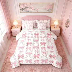 Feelyou 7pcs Pink Bow Microfiber Bedding Set - Bed-in-a-Bag with Sheets, Princess-Style Kid Bedding for Girls, Bowknot Design Blanket, All-Season Soft Room Decor Furnishings