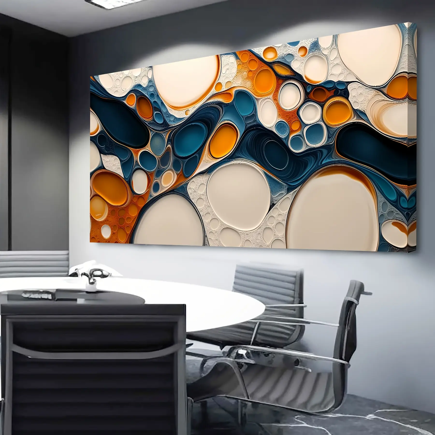 Abstract Bubble Wall Art Modern Blue White Orange Black Frame for Living Room Bedroom Bathroom Office Minimalist Abstract Wall Decoration High-Quality Canvas Print