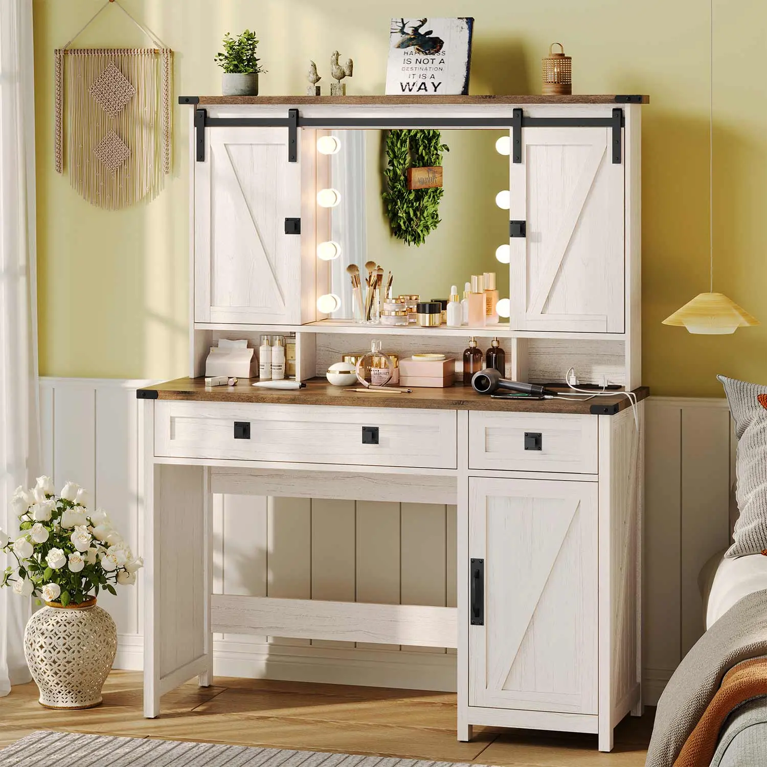 Sikaic Makeup Pearls Vanity desk with LED Sliding Mirror 3 Color Light Modes Charging Station Farmhouse Style Dresser with Drawers and Cabinet