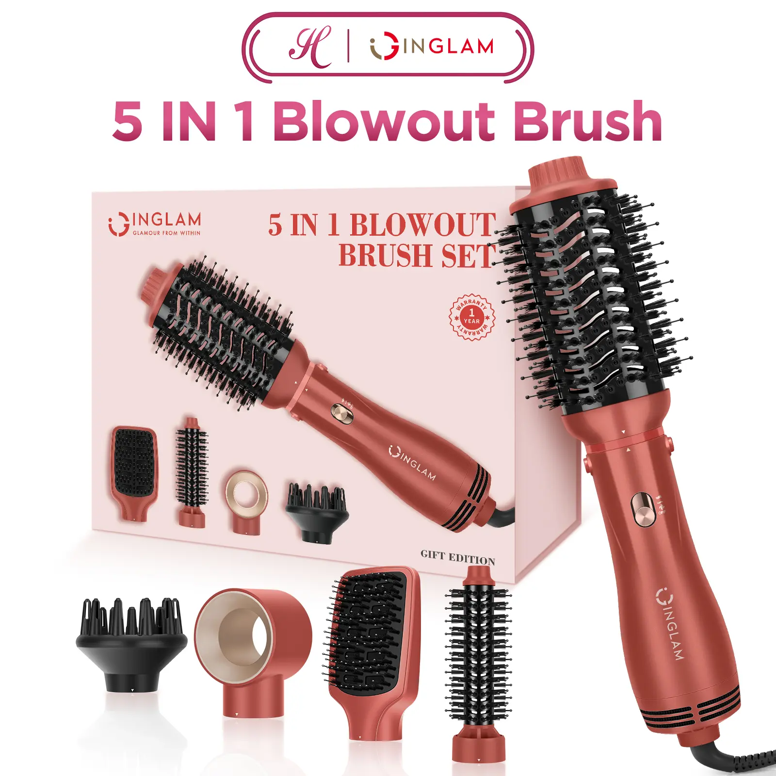 INGLAM 5-in-1 Hair Styler Set, Detachable Blow Dryer Brush & Curling Iron, Dual Voltage Ceramic Negative Ion Hot Air Brush for Volume, Smooth Shine & Frizz-Free Styling