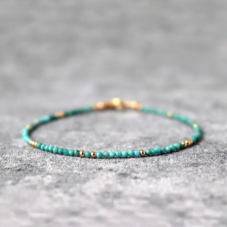 Natural Turquoise 2mm Faceted Beaded Boho Dainty Minimalist Healing Reiki Gold-Plated Chain Bracelet