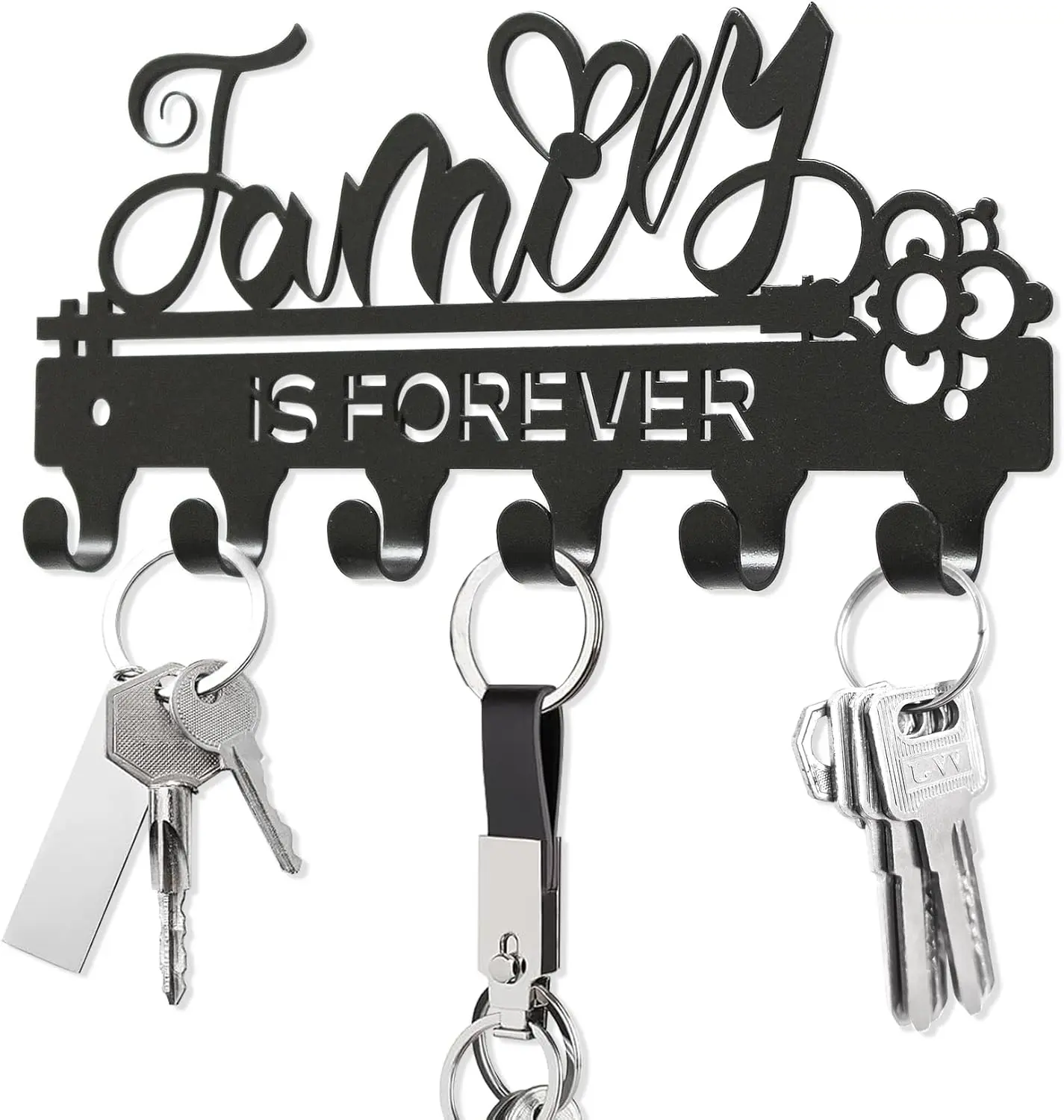 Family is ForeverMini Key Holder Wall Mounted,Small Key Holder on Wall,Black Metal Decorative Key Rack Hooks for Garage,Mudroom,Hallway,Entryway,Front Door,Office(Mini Size:18.5x8.5cm)