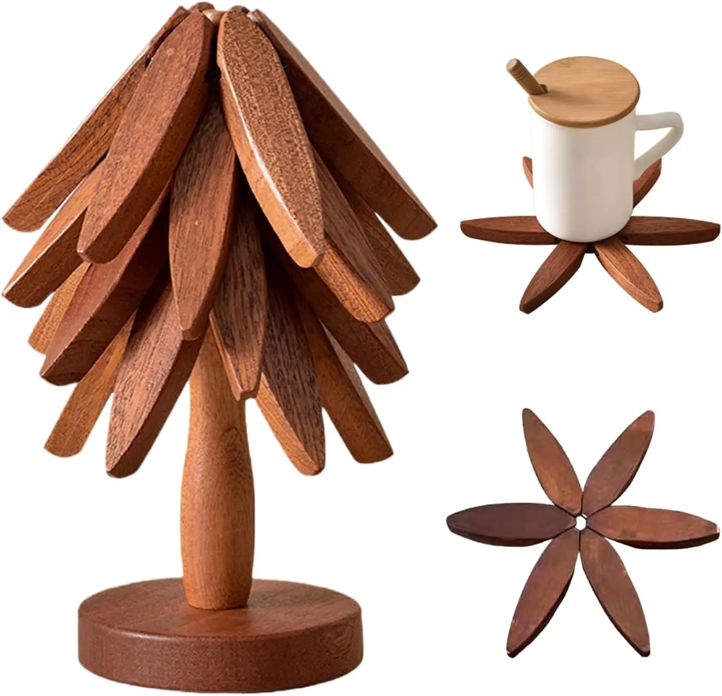 Natural Wooden Trivet Set (4 Trivets + 1 Stand) - Foldable, Irregular, Heat-Resistant Solid Wood Kitchenware for Hot Dishes, Pots, Bowls, Teapots, Tableware Protection
