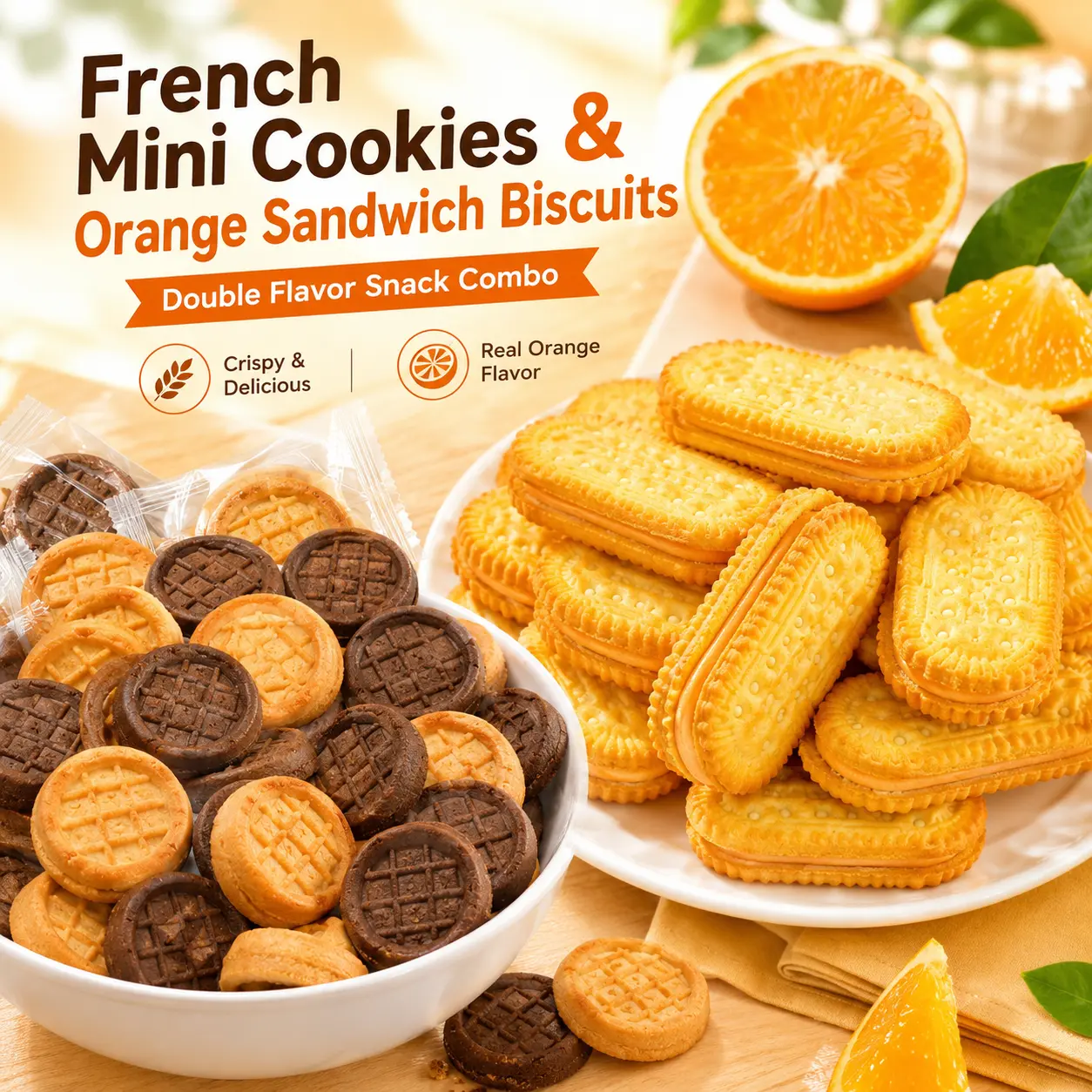 French Butter Cookies & Orange Cream Sandwich Cookies Variety Pack – Rich, Crumbly Petit Sablés+Zesty Cream Filled Biscuits, Individually Wrapped Snack Duo for Lunch Box, Office, Afternoon Tea & On-the-Go